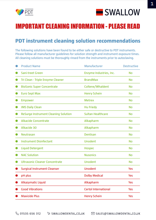 PDT Instrument Cleaning Information