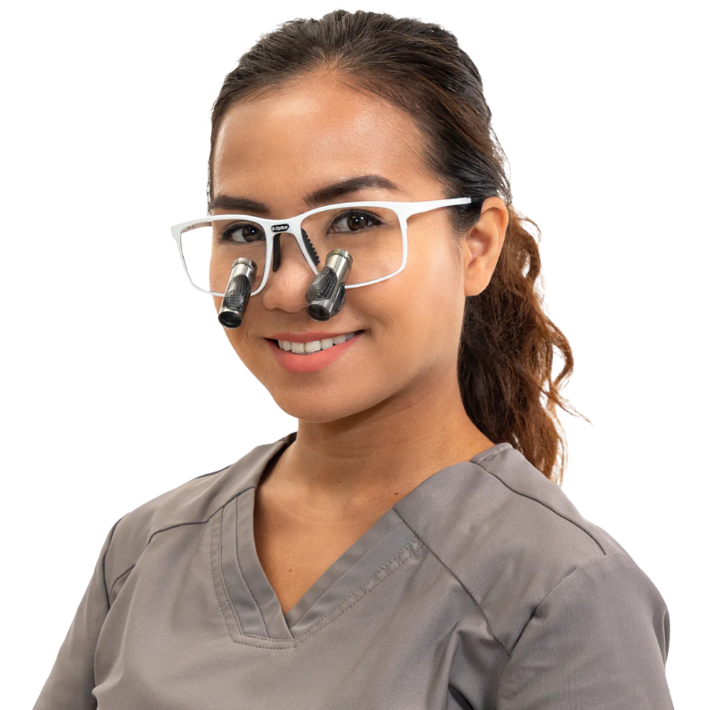 Female dentist wearing Q-Optics 3.5 Prismatic Loupes